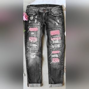 New black pink leopard boyfriend distressed jeans L 14